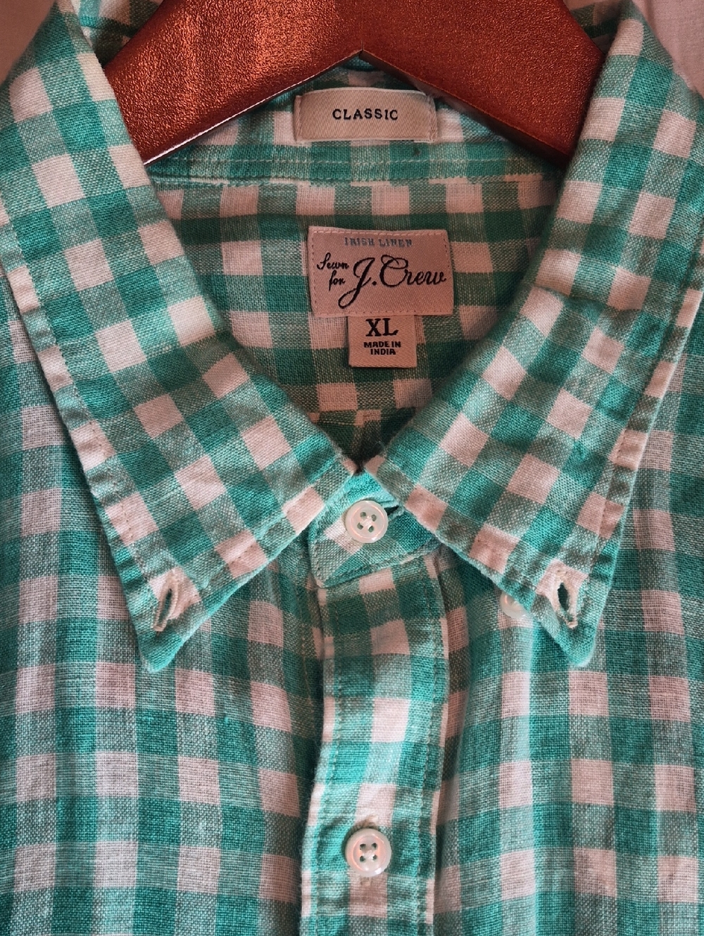 J. Crew Men's Teal and White Gingham Baird McNutt Linen Button-Down Shirt XL